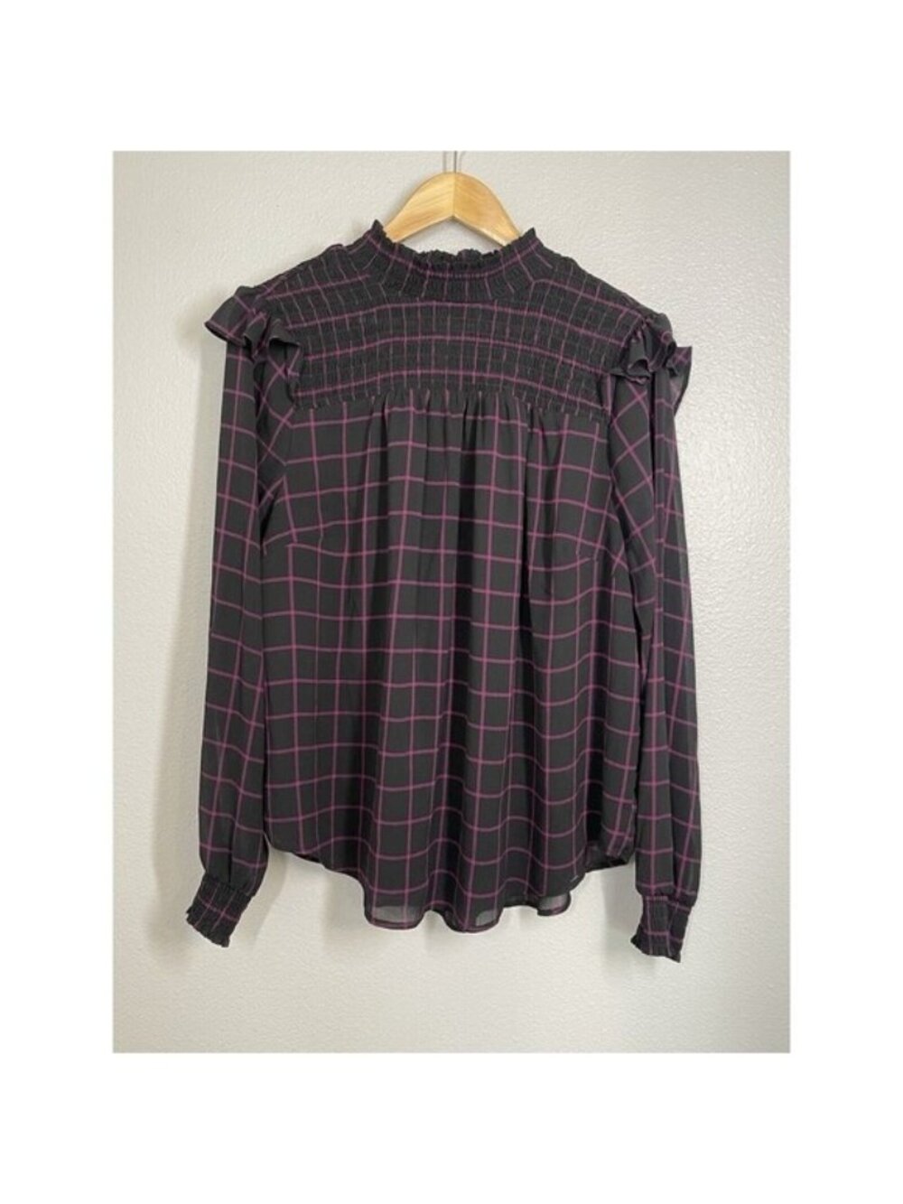 Torrid Crinkle Chiffon Smocked High‎ Neck Blouse Black Purple Size 1 (XL 14/16)